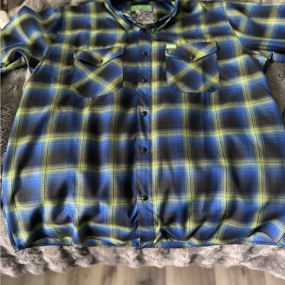 DIXXON Blue and Yellow Plaid Casual Button Down Shirt - Picture 2 of 2